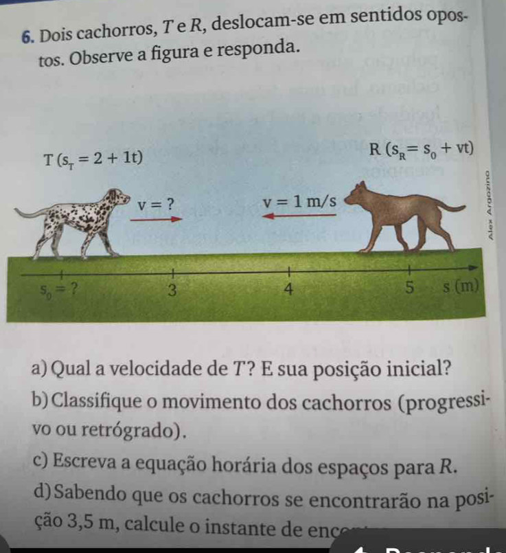 Dois cachorros, T e R, deslocam-se em sentidos opos- 
tos. Observe a figura e responda.
T(s_T=2+1t)
R(s_R=s_0+vt)
v= ?
v=1m/s
:
s_0= ?
5
3 s (m)
4 
a) Qual a velocidade de T? E sua posição inicial? 
b)Classifique o movimento dos cachorros (progressi- 
vo ou retrógrado). 
c) Escreva a equação horária dos espaços para R. 
d)Sabendo que os cachorros se encontrarão na posi- 
ção 3,5 m, calcule o instante de ence