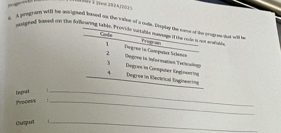 Peugu rusán n 
ester 2 |Sesi 2024/2025 
6 A program will be assigned based on the value of a code. Display the name of the program that will be 
assigned based on the following table. Provide suitable message if the code is not available. 
Code 
Program 
1 Degree in Computer Science 
2 Degree in Information Technology 
3 Degree in Computer Engineering 
4 Degree in Electrical Engineering 
Input :_ 
Process ：_ 
Output ：_