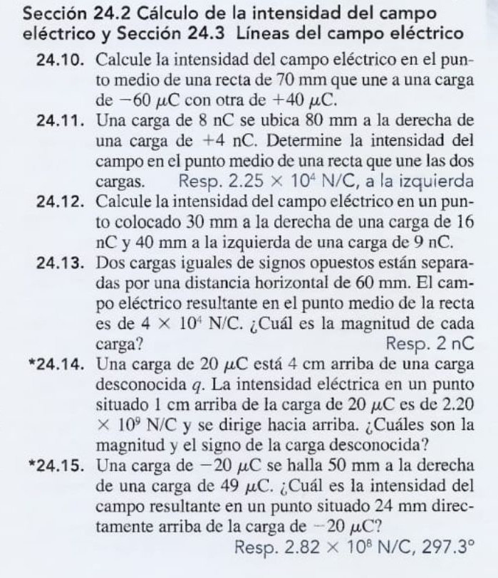 Sección 24.2 Cálculo de la intensidad del campo
eléctrico y Sección 24.3 Líneas del campo eléctrico
24.10. Calcule la intensidad del campo eléctrico en el pun-
to medio de una recta de 70 mm que une a una carga
de -60 μC con otra de +40 μC.
24.11. Una carga de 8 nC se ubica 80 mm a la derecha de
una carga de +4 nC. Determine la intensidad del
campo en el punto medio de una recta que une las dos
cargas.  Resp. 2.25* 10^4N/C , a la izquierda
24.12. Calcule la intensidad del campo eléctrico en un pun-
to colocado 30 mm a la derecha de una carga de 16
nC y 40 mm a la izquierda de una carga de 9 nC.
24.13. Dos cargas iguales de signos opuestos están separa-
das por una distancia horizontal de 60 mm. El cam-
po eléctrico resultante en el punto medio de la recta
es de 4* 10^4N/C. ¿Cuál es la magnitud de cada
carga? Resp. 2 nC
*24.14. Una carga de 20 μC está 4 cm arriba de una carga
desconocida q. La intensidad eléctrica en un punto
situado 1 cm arriba de la carga de 20 µC es de 2.20
* 10^9N/C y se dirige hacia arriba. ¿Cuáles son la
magnitud y el signo de la carga desconocida?
*24.15. Una carga de −20 μC se halla 50 mm a la derecha
de una carga de 49 μC. ¿Cuál es la intensidad del
campo resultante en un punto situado 24 mm direc-
tamente arriba de la carga de −20 μC?
Resp. 2.82* 10^8N/C,297.3°