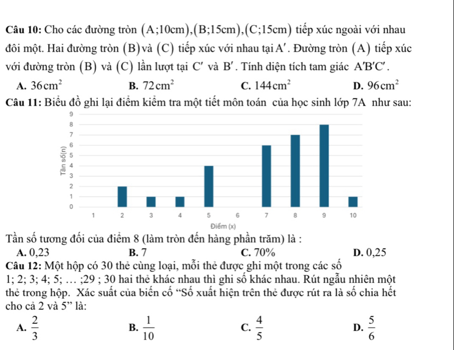 Cho các đường tròn (A;10cm), (B;15cm), (C;15cm) tiếp xúc ngoài với nhau
đôi một. Hai đường tròn (B)và (C) tiếp xúc với nhau tại A'. Đường tròn (A) tiếp xúc
với đường tròn (B) và (C) lần lượt tại C' và B'. Tính diện tích tam giác A'B'C'.
A. 36cm^2 B. 72cm^2 C. 144cm^2 D. 96cm^2
Câu 11: Biểu đồ ghi lại điểm kiểm tra một tiết môn toán của học sinh lớp 7A như sau:
Tần số tương đối của điểm 8 (làm tròn đến hàng phần trăm) là :
A. 0,23 B. 7 C. 70% D. 0,25
Câu 12: Một hộp có 30 thẻ cùng loại, mỗi thẻ được ghi một trong các số
1; 2; 3; 4; 5; … ; 29; 30 hai thẻ khác nhau thì ghi số khác nhau. Rút ngẫu nhiên một
thẻ trong hộp. Xác suất của biến cố “Số xuất hiện trên thẻ được rút ra là số chia hết
cho cả 2 và 5 ” là:
A.  2/3   1/10   4/5   5/6 
B.
C.
D.