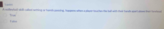 A volleyball skill called setting or hands passing, happens when a player touches the ball with their hands apart above their forehead.
True
False