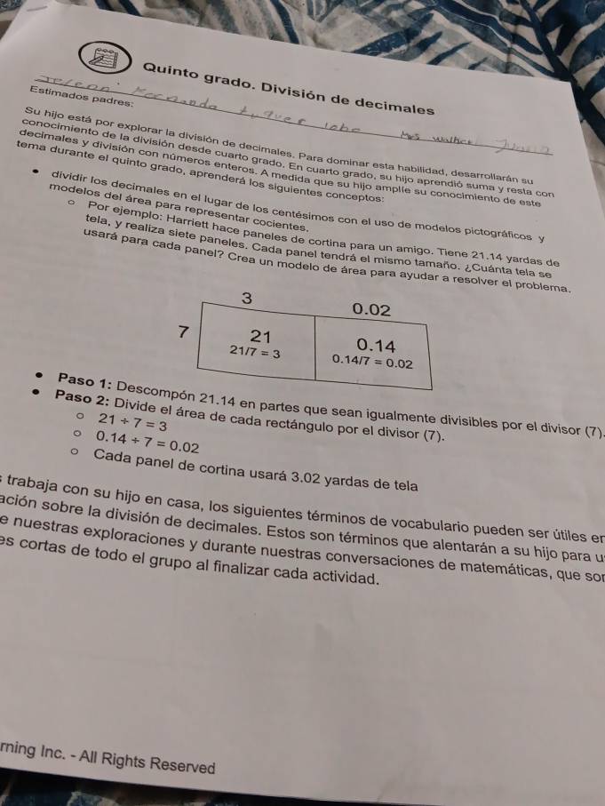 Quinto grado. División de decimales
Estimados padres:
Su hijo está por explorar la división de decimales. Para dominar esta habilidad, desarrollarán su
conocimiento de la división desde cuarto grado. En cuarto grado, su hijo aprendió suma y resta con
decimales y división con números enteros. A medida que su hijo amplle su conocimiento de este
tema durante el quinto grado, aprenderá los siguientes conceptos
dividir los decimales en el lugar de los centésimos con el uso de modelos pictográficos y
modelos del área para representar cocientes.
。 Por ejemplo: Harriett hace paneles de cortina para un amigo. Tiene 21.14 yardas de
tela, y realiza siete paneles. Cada panel tendrá el mismo tamaño. ¿Cuánta tela se
pusará para cada panel? Crea un modelo de área para ayudar a resolver el problema
Paso 1: Desc21.14 en partes que sean igualmente divisibles por el divisor (7)
Paso 2: Divide el área de cada rectángulo por el divisor (7).
21/ 7=3
0.14/ 7=0.02
Cada panel de cortina usará 3,02 yardas de tela
trabaja con su hijo en casa, los siguientes términos de vocabulario pueden ser útiles en
sción sobre la división de decimales. Estos son términos que alentarán a su hijo para u
e nuestras exploraciones y durante nuestras conversaciones de matemáticas, que sor
es cortas de todo el grupo al finalizar cada actividad.
rning Inc. - All Rights Reserved