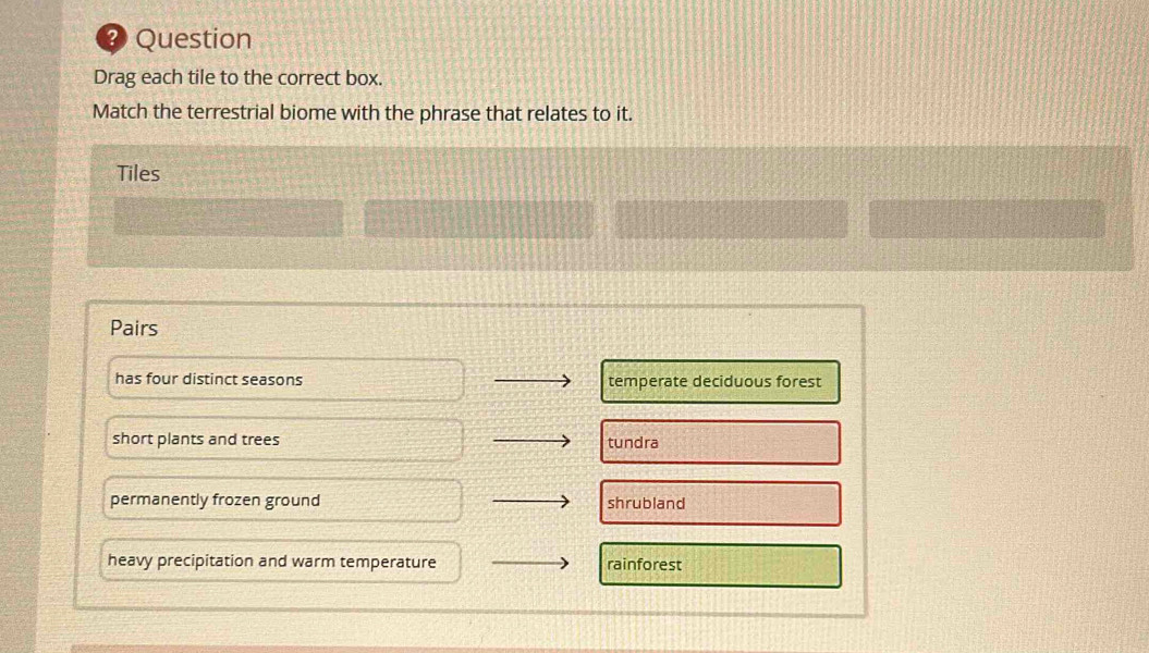 Question
Drag each tile to the correct box.
Match the terrestrial biome with the phrase that relates to it.
Tiles
Pairs
has four distinct seasons temperate deciduous forest
short plants and trees tundra
permanently frozen ground shrubland
heavy precipitation and warm temperature rainforest