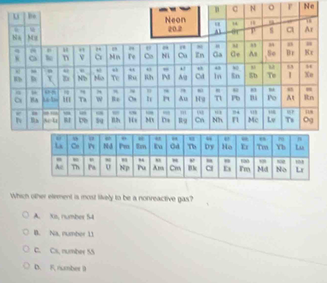 Ne
A. Xn, number 54
B. Na, number 11
D. F, number B