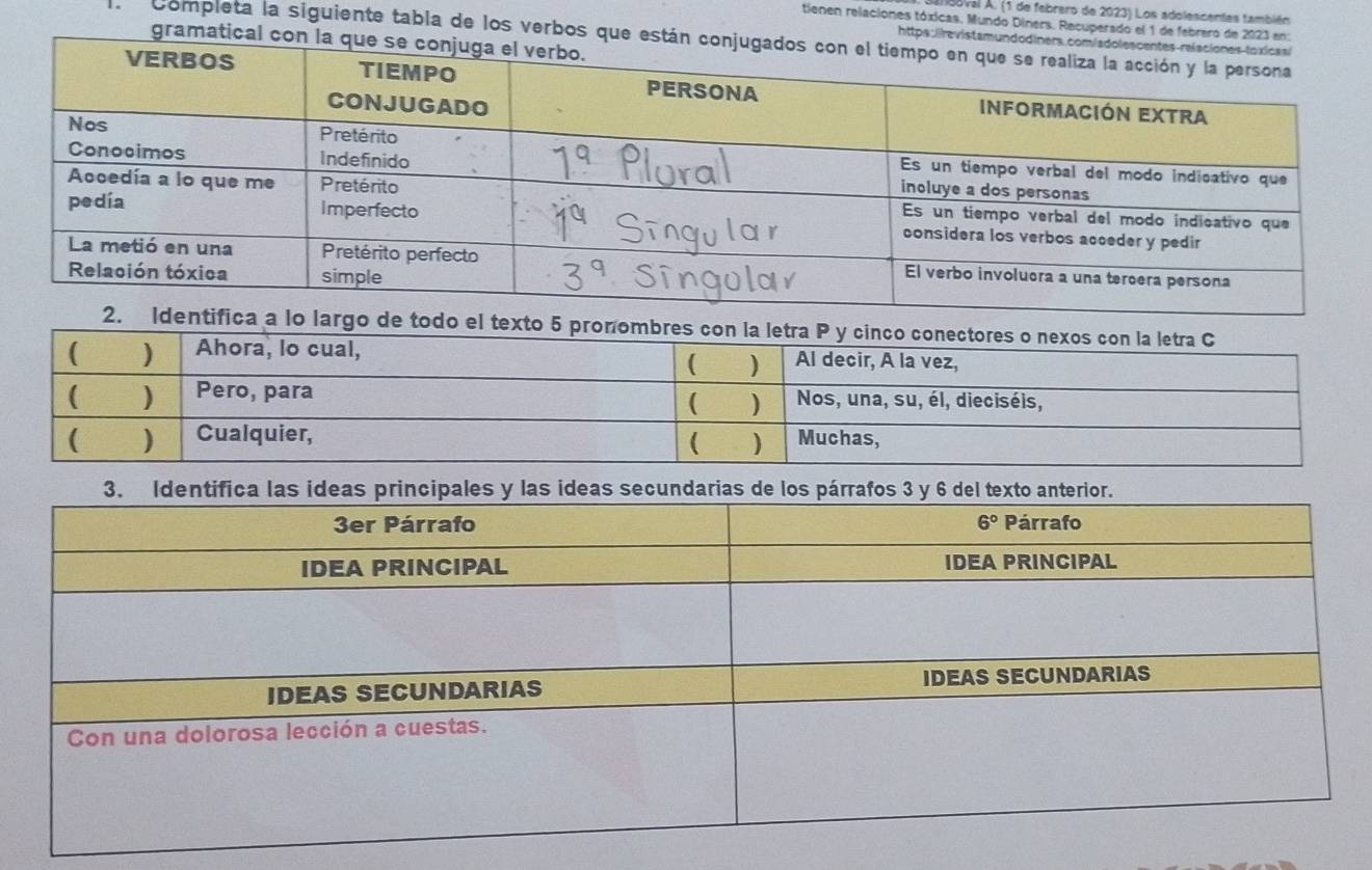 H8oval A. (1 de febrero de 2023) Los adolescentes también
tienen relaciones tóxicas. Mundo Diners. Recuperado el 1 de febrero de 2023 en:
Completa la siguiente tabla de los verbos que están co
gramatical con la qu
https:ilrevistamundodine
lo largo 
3. Identifica las ideas principales y las ideas secundarias de los párrafos 3 y 6 del texto anterior.