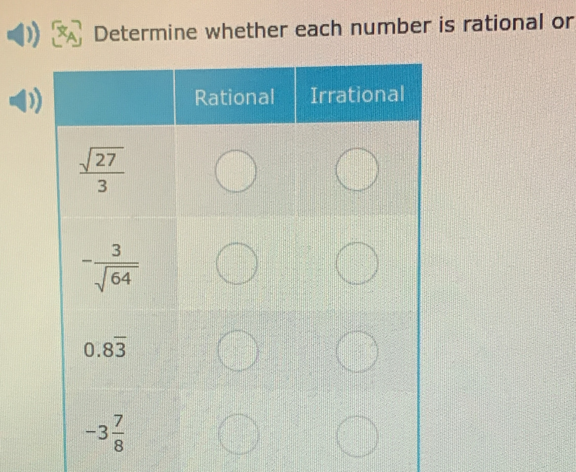 Determine whether each number is rational or