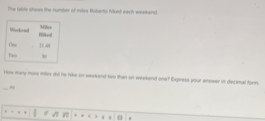 The table shows the number of miles Roberto hiked each weekend.
Miles
Weekend Hiked 
Chuse . 21.49
Two 30
How many more miles did he hike on weekend two than on weekend one? Express your answer in decimal form. 
_ mi
 □ /□   sigma° sqrt(0) a < > $ z a