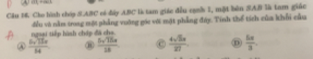 Cho hình chóp SABC có đây ABC là tam giác đều cạnh 1, mặt bên SAB là tam giác
đều và nằm trong một phẳng vuỡng góc với một phẳng đấy. Tinh thể tích của khối cầu
ngaại tiếp hình cháp đã cha.
 6sqrt(15)π /54  ⑪  5sqrt(15)π /16  C  4sqrt(3)n/27 .  5π /3 .