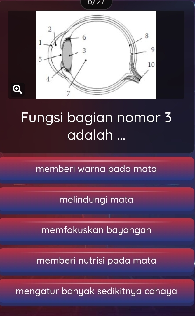 6/21
Fungsi bagian nomor 3
adalah ...
memberi warna pada mata
melindungi mata
memfokuskan bayangan
memberi nutrisi pada mata
mengatur banyak sedikitnya cahaya