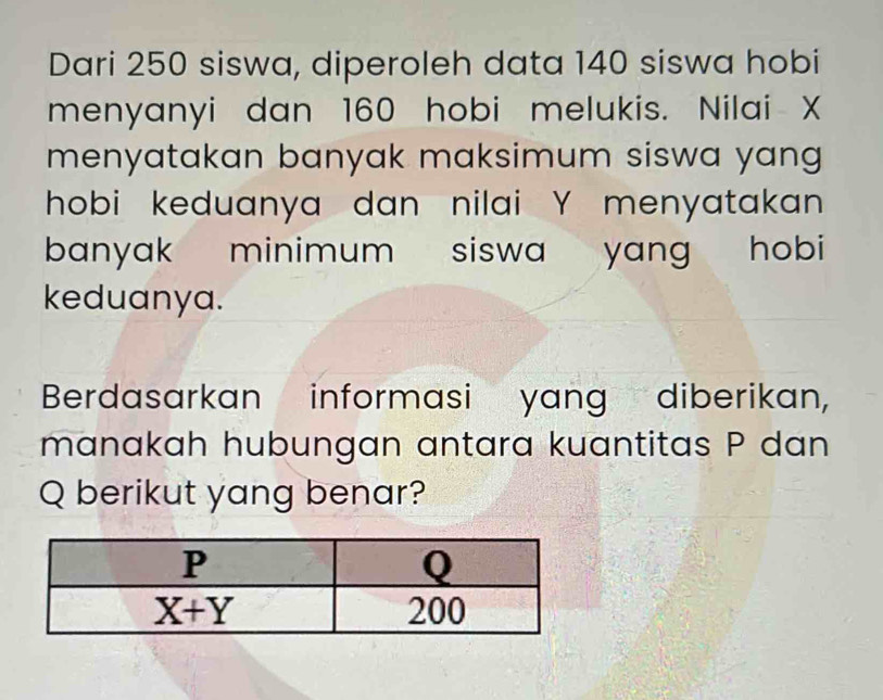 Dari 250 siswa, diperoleh data 140 siswa hobi
menyanyi dan 160 hobi melukis. Nilai X
menyatakan banyak maksimum siswa yang 
hobi keduanya dan nilai Y menyatakan 
banyak   minimum  siswa yang  hobi
keduanya.
Berdasarkan informasi yang diberikan,
manakah hubungan antara kuantitas P dan
Q berikut yang benar?