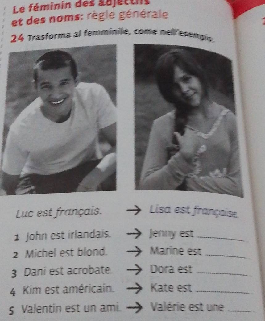 Le féminin des adjectis 
et des noms: règle générale 
24 Trasforma al femminile, come nell esempio 
Luc est français. Lisa est française 
1 John est irlandais. Jenny est_ 
2 Michel est blond. Marine est_ 
3 Dani est acrobate. Dora est_ 
4 Kim est américain. Kate est_ 
5 Valentin est un ami. Valérie est une_