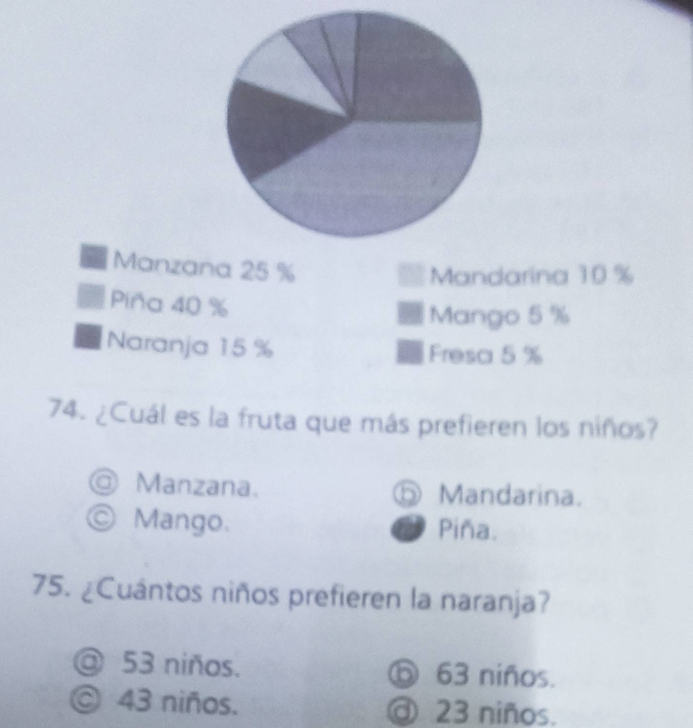 Manzana 25 %
Mandarina 10 %
Piña 40 %
Mango 5 %
Naranja 15 %
Fresa 5 %
74. ¿Cuál es la fruta que más prefieren los niños?
@ Manzana.
⑤ Mandarina.
© Mango. Piña.
75. ¿Cuántos niños prefieren la naranja?
@ 53 niños. ⑤ 63 niños.
© 43 niños. @ 23 niños.