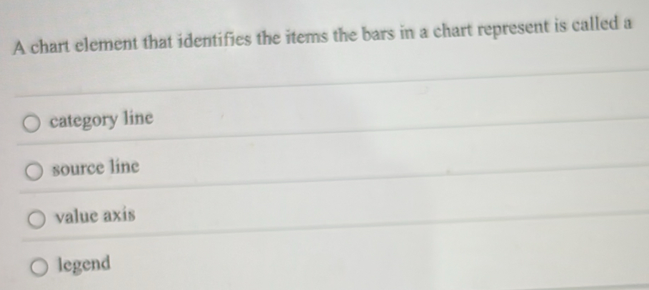 A chart element that identifies the items the bars in a chart represent is called a
category line
source line
value axis
legend