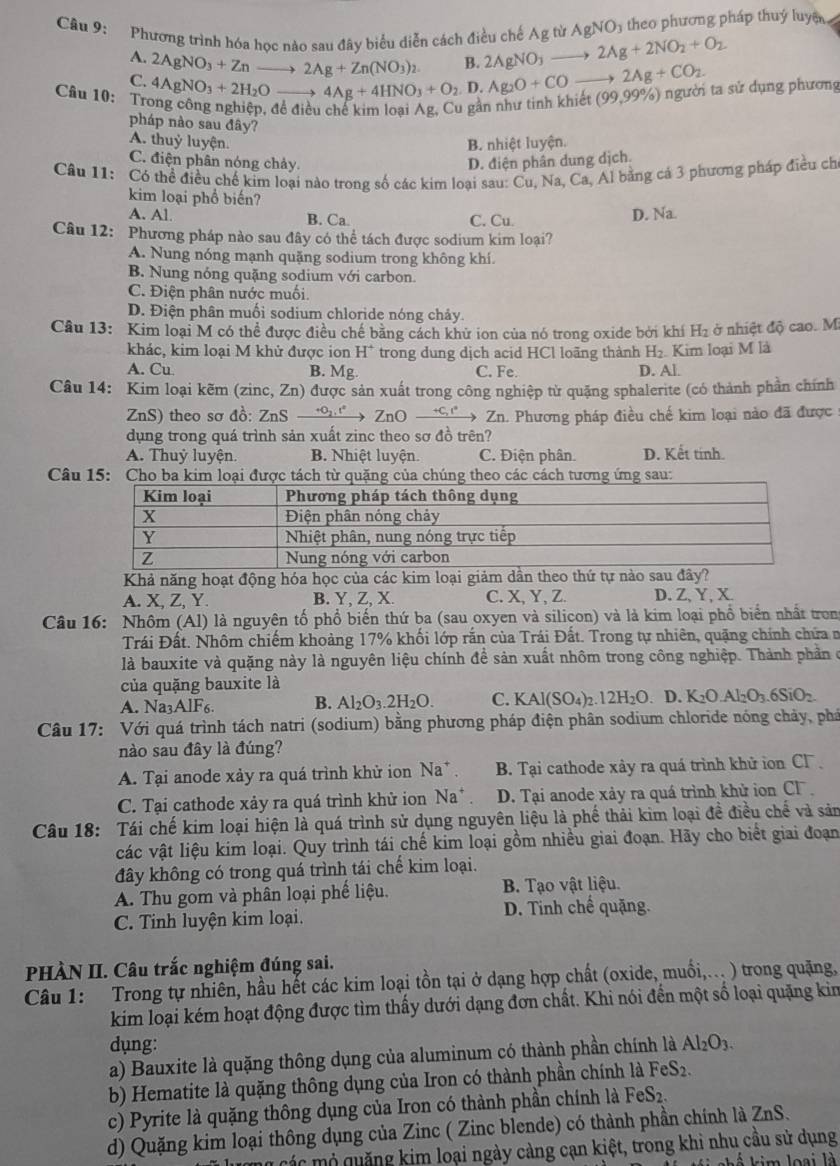 Phương trình hóa học nào sau đây biểu diễn cách điều chế Ag từ AgNO_3 theo phương pháp thuý luyn
A. 2AgNO_3+Znto 2Ag+Zn(NO_3)_2 B. 2AgNO_3to 2Ag+2NO_2+O_2
C. 4AgNO_3+2H_2O- → 4Ag+4HNO_3+O_2 D. Ag_2O+COto 2Ag+CO_2
Câu 10: Trong công nghiệp, để điều chế kim loại Ag, Cu gần như tinh khiết (99,99% ) gười  sử  dụng phương
pháp nào sau đây?
A. thuỷ luyện. B. nhiệt luyện.
C. điện phân nóng chảy.
D. điện phân dung dịch.
Câu 11: :Có thể điều chế kim loại nào trong số các kim loại sau: C Cu,Na , Ca, Al bằng cá 3 phương pháp điều chỉ
kim loại phổ biến?
A. Al B. Ca C. Cu D. Na.
Câu 12: Phương pháp nào sau đây có thể tách được sodium kim loại?
A. Nung nóng mạnh quặng sodium trong không khí
B. Nung nỏng quặng sodium với carbon.
C. Điện phân nước muối.
D. Điện phân muối sodium chloride nóng chảy.
Câu 13: Kim loại M có thể được điều chế bằng cách khử ion của nó trong oxide bởi khí H_2 ở nhiệt độ cao. Mĩ
khác, kim loại M khử được ion H^+ trong dung dịch acid HCl loãng thành H₂. Kim loại M là
A. Cu B. Mg. C. Fe. D. Al.
Câu 14: Kim loại kẽm (zinc, Zn) được sản xuất trong công nghiệp từ quặng sphalerite (có thành phần chính
ZnS) theo sơ đồ: ZnS    ZnO- C o Zn. Phương pháp điều chế kim loại nào đã được
dụng trong quá trình sản xuất zinc theo sơ đồ trên?
A. Thuỷ luyện. B. Nhiệt luyện. C. Điện phân. D. Kết tính.
Câu 15: Cho ba kim loại được tách từ quặng của chúng theo các cách tương ứng sau:
Khả năng hoạt động hóa học của các kim loại giảm dân theo thứ tự nào sau đây?
A. X, Z, Y. B. Y, Z, X. C. X, Y, Z. D. Z,Y, X.
Câu 16: Nhôm (Al) là nguyên tố phổ biến thứ ba (sau oxyen và silicon) và là kim loại phổ biển nhất tron
Trái Đất. Nhôm chiếm khoảng 17% khối lớp rắn của Trái Đất. Trong tự nhiên, quặng chính chứa n
là bauxite và quặng này là nguyên liệu chính để sản xuất nhôm trong công nghiệp. Thành phần ở
của quặng bauxite là
A. Na _3AIF_6. B. Al_2O_3.2H_2O. C. KAl(SO_4)_2.12H_2O D. K_2O.Al_2O_3.6SiO_2.
Câu 17: Với quá trình tách natri (sodium) bằng phương pháp điện phân sodium chloride nóng chảy, phá
nào sau đây là đúng?
A. Tại anode xảy ra quá trình khử ion Na r B. Tại cathode xây ra quá trình khử ion Cl 
C. Tại cathode xảy ra quá trình khử ion Na^+ D. Tại anode xảy ra quá trình khử ion Cl 
Câu 18: Tái chế kim loại hiện là quá trình sử dụng nguyên liệu là phế thải kim loại đề điều chế và sản
các vật liệu kim loại. Quy trình tái chế kim loại gồm nhiều giai đoạn. Hãy cho biết giai đoạn
đây không có trong quá trình tái chế kim loại.
A. Thu gom và phân loại phể liệu. B. Tạo vật liệu.
C. Tinh luyện kim loại. D. Tinh chế quặng.
PHÀN II. Câu trắc nghiệm đúng sai.
Câu 1: Trong tự nhiên, hầu hết các kim loại tồn tại ở dạng hợp chất (oxide, muối,... ) trong quặng,
kim loại kém hoạt động được tìm thấy dưới dạng đơn chất. Khi nói đến một số loại quặng kim
dụng:
a) Bauxite là quặng thông dụng của aluminum có thành phần chính là Al_2O_3.
b) Hematite là quặng thông dụng của Iron có thành phần chính là FeS_2.
c) Pyrite là quặng thông dụng của Iron có thành phần chính là FeS_2.
d) Quặng kim loại thông dụng của Zinc ( Zinc blende) có thành phần chính là ZnS.
các mỏ quặng kim loại ngày càng cạn kiệt, trong khi nhu cầu sử dụng
Thể kim loại là