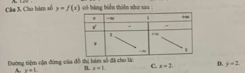 120
Câu 3. Cho hàm số y=f(x) có bảng biển thiên như sau :
Đường tiệm cận đứng của đồ thị hàm số đã cho là:
D. y=2.
A. y=1.
B. x=1.
C. x=2.