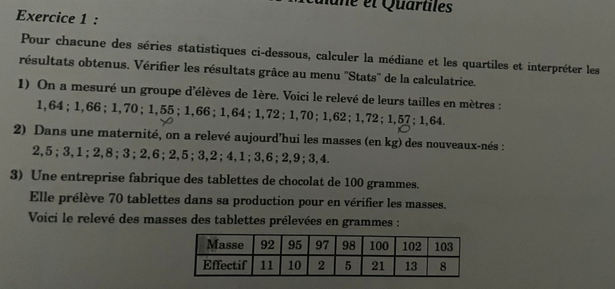 lane el Quartiles 
Exercice 1 : 
Pour chacune des séries statistiques ci-dessous, calculer la médiane et les quartiles et interpréter les 
résultats obtenus. Vérifier les résultats grâce au menu ''Stats'' de la calculatrice. 
1) On a mesuré un groupe d'élèves de 1ère. Voici le relevé de leurs tailles en mètres :
1,64; 1,66; 1,70; 1,55; 1,66; 1,64; 1,72; 1,70; 1,62; 1,72; 1,57; 1,64. 
2) Dans une maternité, on a relevé aujourd’hui les masses (en kg) des nouveaux-nés :
2, 5; 3, 1; 2, 8; 3; 2, 6; 2, 5; 3, 2; 4, 1; 3, 6; 2, 9; 3, 4. 
3) Une entreprise fabrique des tablettes de chocolat de 100 grammes. 
Elle prélève 70 tablettes dans sa production pour en vérifier les masses. 
Voici le relevé des masses des tablettes prélevées en grammes :