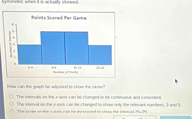 symmetric when it is actually skewed.
How can the graph be adjusted to show the skew?
The intervals on the x-axis can be changed to be continuous and consistent.
The interval on the y-axis can be changed to show only the relevant numbers, 3 and 5.
The scale on the x-axis can he increased to show the interval 25-29