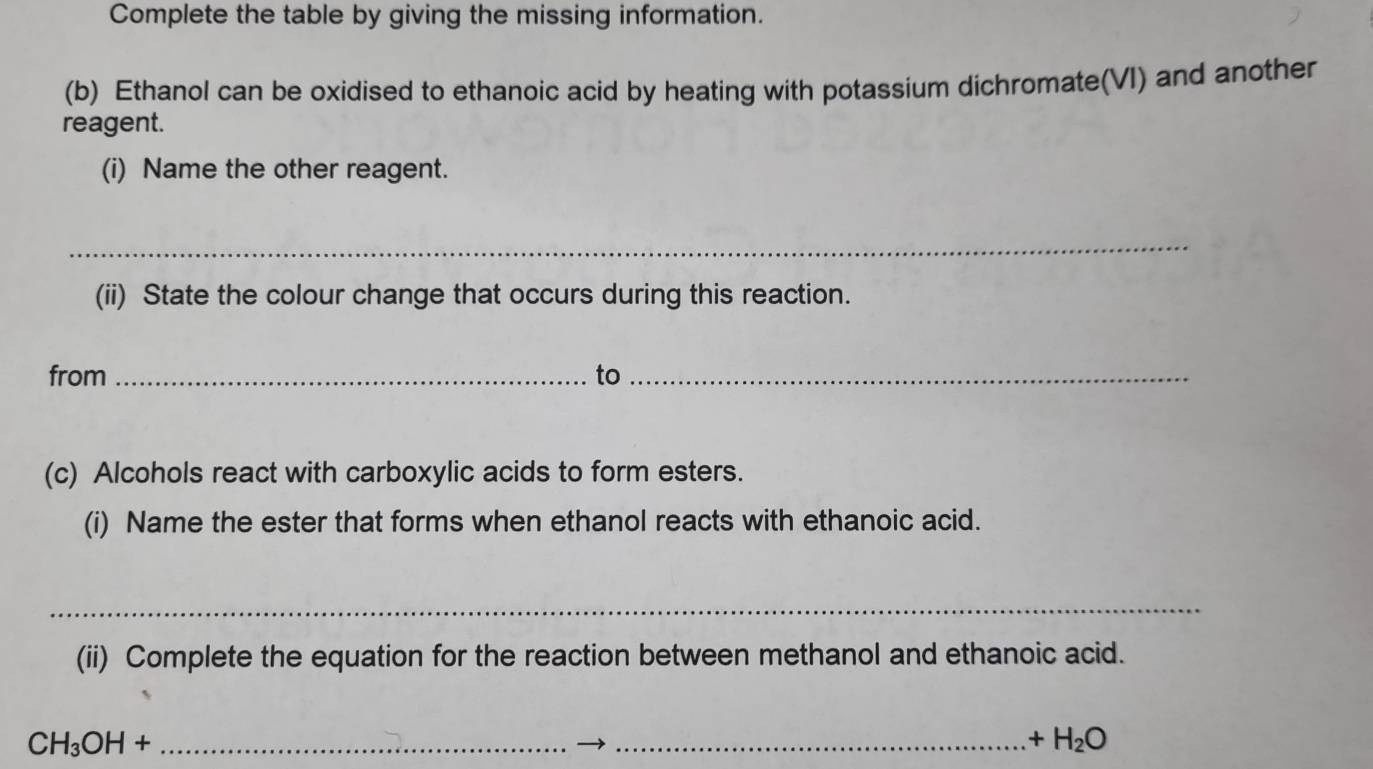 Complete the table by giving the missing information. 
(b) Ethanol can be oxidised to ethanoic acid by heating with potassium dichromate(VI) and another 
reagent. 
(i) Name the other reagent. 
_ 
(ii) State the colour change that occurs during this reaction. 
from _to_ 
(c) Alcohols react with carboxylic acids to form esters. 
(i) Name the ester that forms when ethanol reacts with ethanoic acid. 
_ 
(ii) Complete the equation for the reaction between methanol and ethanoic acid.
CH_3OH+ _ 
_ +H_2O