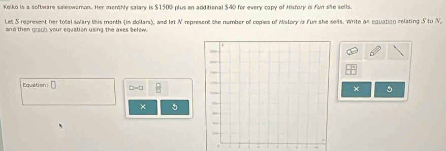 Keiko is a software saleswoman. Her monthly salary is $1500 plus an additional $40 for every copy of History is Fun she sells. 
Let S represent her total salary this month (in dollars), and let N represent the number of copies of History is Fun she sells. Write an equation relating S to N, 
and then graph your equation using the axes below. 
Equation: □
□ =□  □ /□   
× 
× 
. ,