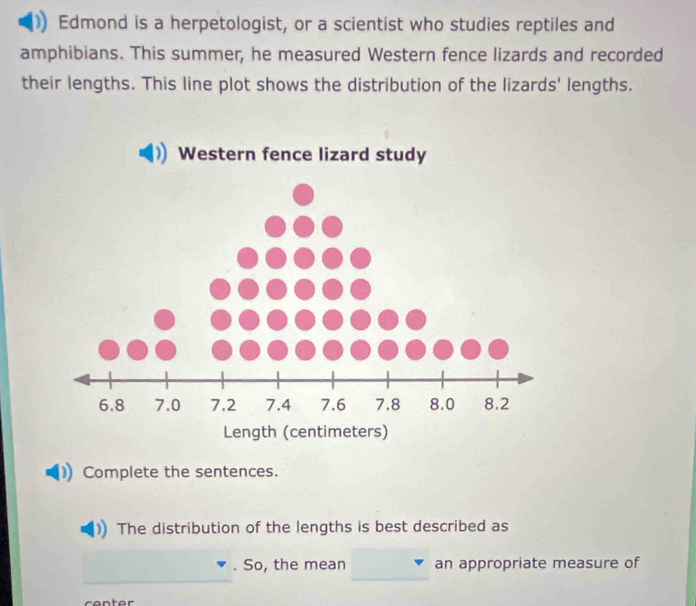 Edmond is a herpetologist, or a scientist who studies reptiles and 
amphibians. This summer, he measured Western fence lizards and recorded 
their lengths. This line plot shows the distribution of the lizards' lengths. 
Complete the sentences. 
The distribution of the lengths is best described as 
. So, the mean an appropriate measure of 
conter