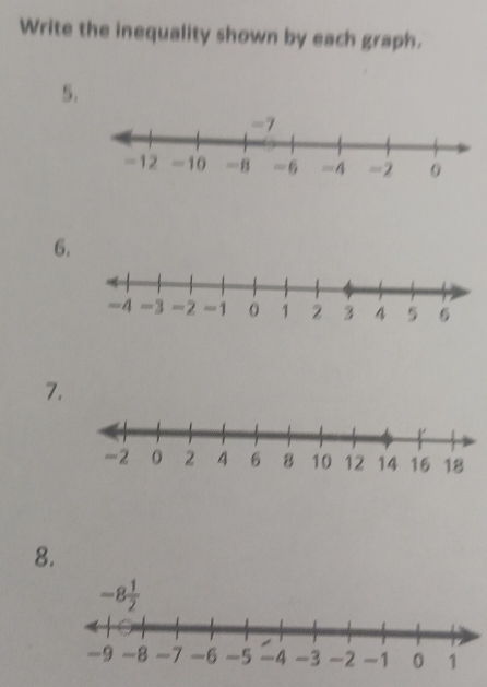 Write the inequality shown by each graph.
5.
6
7
8.