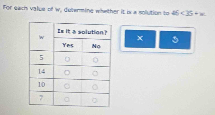 For each value of w, determine whether it is a solution to 46<35+w.