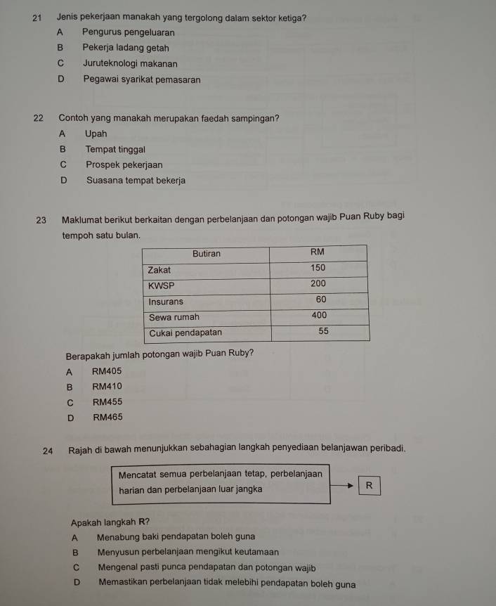 Jenis pekerjaan manakah yang tergolong dalam sektor ketiga?
A Pengurus pengeluaran
B Pekerja ladang getah
C Juruteknologi makanan
D Pegawai syarikat pemasaran
22 Contoh yang manakah merupakan faedah sampingan?
A Upah
B Tempat tinggal
C Prospek pekerjaan
D Suasana tempat bekerja
23 Maklumat berikut berkaitan dengan perbelanjaan dan potongan wajib Puan Ruby bagi
tempoh satu bulan.
Berapakah jumlah potongan wajib Puan Ruby?
A RM405
B RM410
C RM455
D RM465
24 Rajah di bawah menunjukkan sebahagian langkah penyediaan belanjawan peribadi.
Mencatat semua perbelanjaan tetap, perbelanjaan
harian dan perbelanjaan luar jangka
R
Apakah langkah R?
A Menabung baki pendapatan boleh guna
B Menyusun perbelanjaan mengikut keutamaan
C Mengenal pasti punca pendapatan dan potongan wajib
D Memastikan perbelanjaan tidak melebihi pendapatan boleh guna