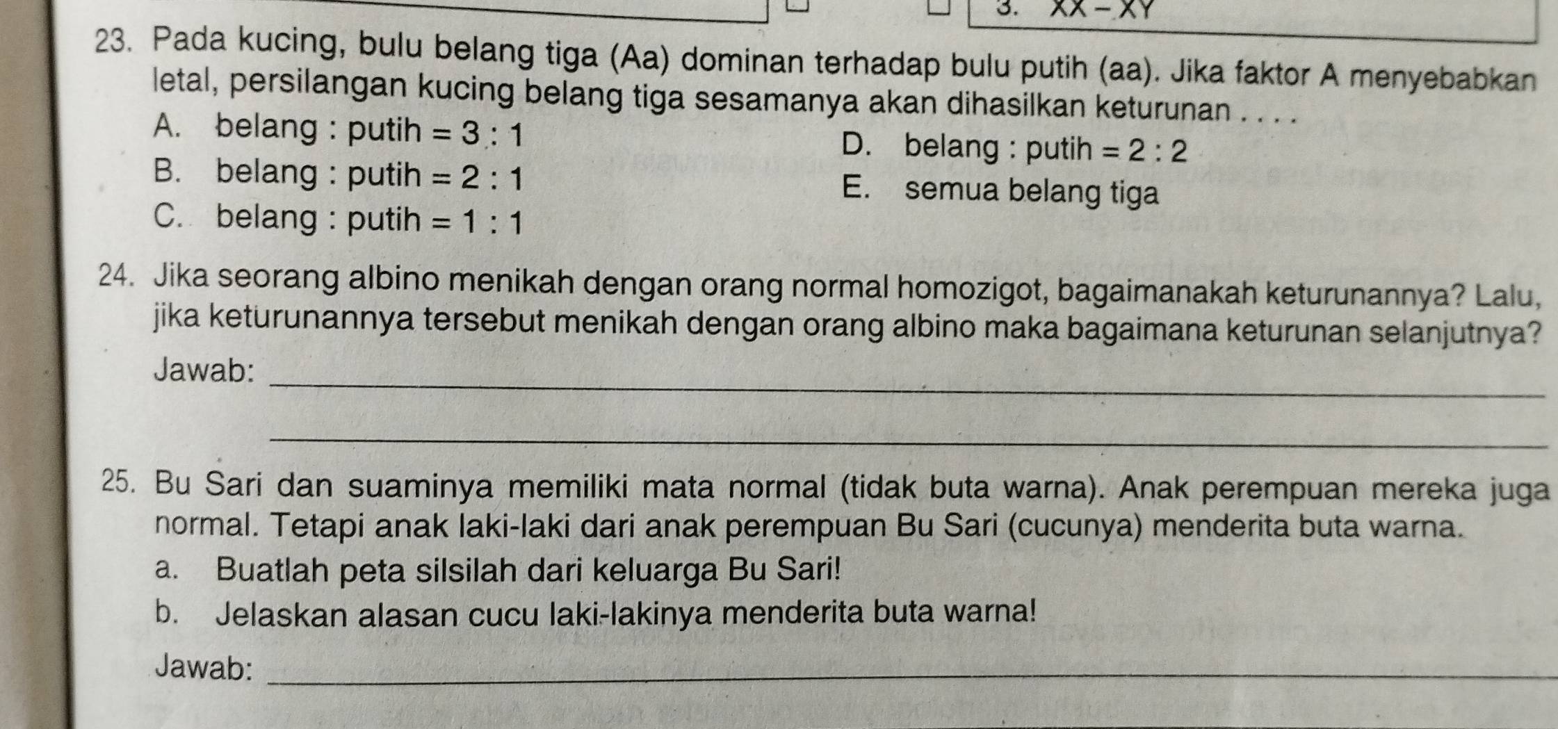 XX-XY 
23. Pada kucing, bulu belang tiga (Aa) dominan terhadap bulu putih (aa). Jika faktor A menyebabkan
letal, persilangan kucing belang tiga sesamanya akan dihasilkan keturunan . . . .
A. belang : putih =3:1 D. belang : putih =2:2
B. belang : putih =2:1 E. semua belang tiga
C. belang : putih =1:1
24. Jika seorang albino menikah dengan orang normal homozigot, bagaimanakah keturunannya? Lalu,
jika keturunannya tersebut menikah dengan orang albino maka bagaimana keturunan selanjutnya?
Jawab:_
_
25. Bu Sari dan suaminya memiliki mata normal (tidak buta warna). Anak perempuan mereka juga
normal. Tetapi anak laki-laki dari anak perempuan Bu Sari (cucunya) menderita buta warna.
a. Buatlah peta silsilah dari keluarga Bu Sari!
b. Jelaskan alasan cucu laki-lakinya menderita buta warna!
Jawab:_