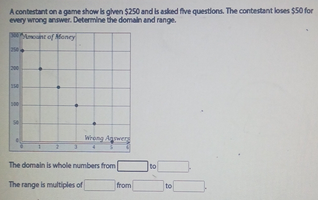 A contestant on a game show is given $250 and is asked five questions. The contestant loses $50 for 
every wrong answer. Determine the domain and range. 
The domain is whole numbers from □ to □. 
The range is multiples of □ from □ to □.