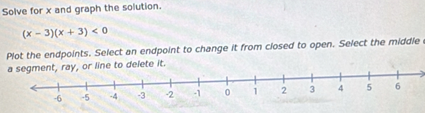 Solve for x and graph the solution.
(x-3)(x+3)<0</tex> 
Plot the endpoints. Select an endpoint to change it from closed to open. Select the middle