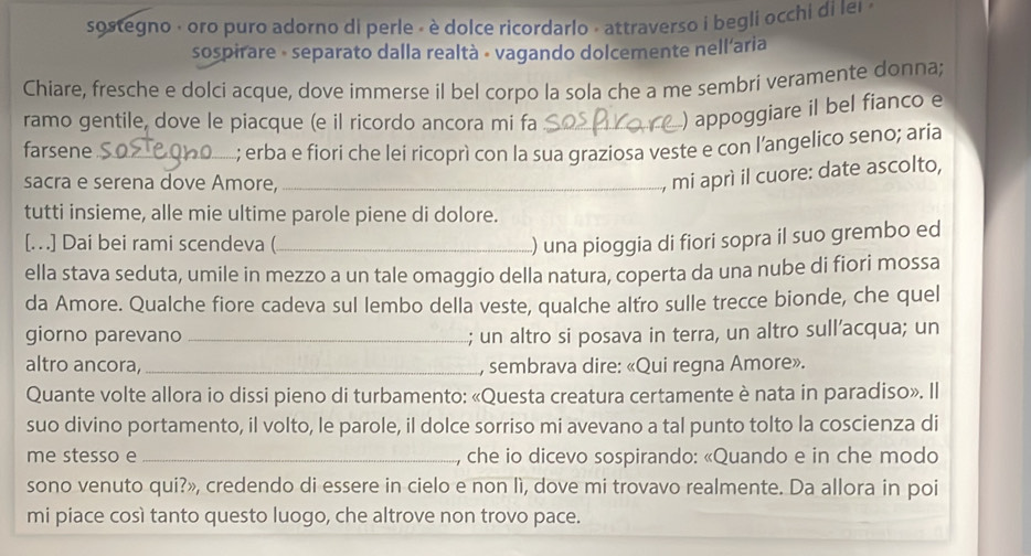 sostegno · oro puro adorno di perle - è dolce ricordarlo - attraverso i begli occhi di ler
sospirare - separato dalla realtà - vagando dolcemente nell'aria
Chiare, fresche e dolci acque, dove immerse il bel corpo la sola che a me sembri veramente donna;
ramo gentile, dove le piacque (e il ricordo ancora mi fa_
) appoggiare il bel fianco e
farsene _; erba e fiori che lei ricoprì con la sua graziosa veste e con l'angelico seno; aria
sacra e serena dove Amore,_
, mi aprì il cuore: date ascolto,
tutti insieme, alle mie ultime parole piene di dolore.
[. ] Dai bei rami scendeva (_ ) una pioggia di fiori sopra il suo grembo ed
ella stava seduta, umile in mezzo a un tale omaggio della natura, coperta da una nube di fiori mossa
da Amore. Qualche fiore cadeva sul lembo della veste, qualche altro sulle trecce bionde, che quel
giorno parevano _; un altro si posava in terra, un altro sull’acqua; un
altro ancora,_ , sembrava dire: «Qui regna Amore».
Quante volte allora io dissi pieno di turbamento: «Questa creatura certamente è nata in paradiso». Il
suo divino portamento, il volto, le parole, il dolce sorriso mi avevano a tal punto tolto la coscienza di
me stesso e _, che io dicevo sospirando: «Quando e in che modo
sono venuto qui?», credendo di essere in cielo e non lì, dove mi trovavo realmente. Da allora in poi
mi piace così tanto questo luogo, che altrove non trovo pace.