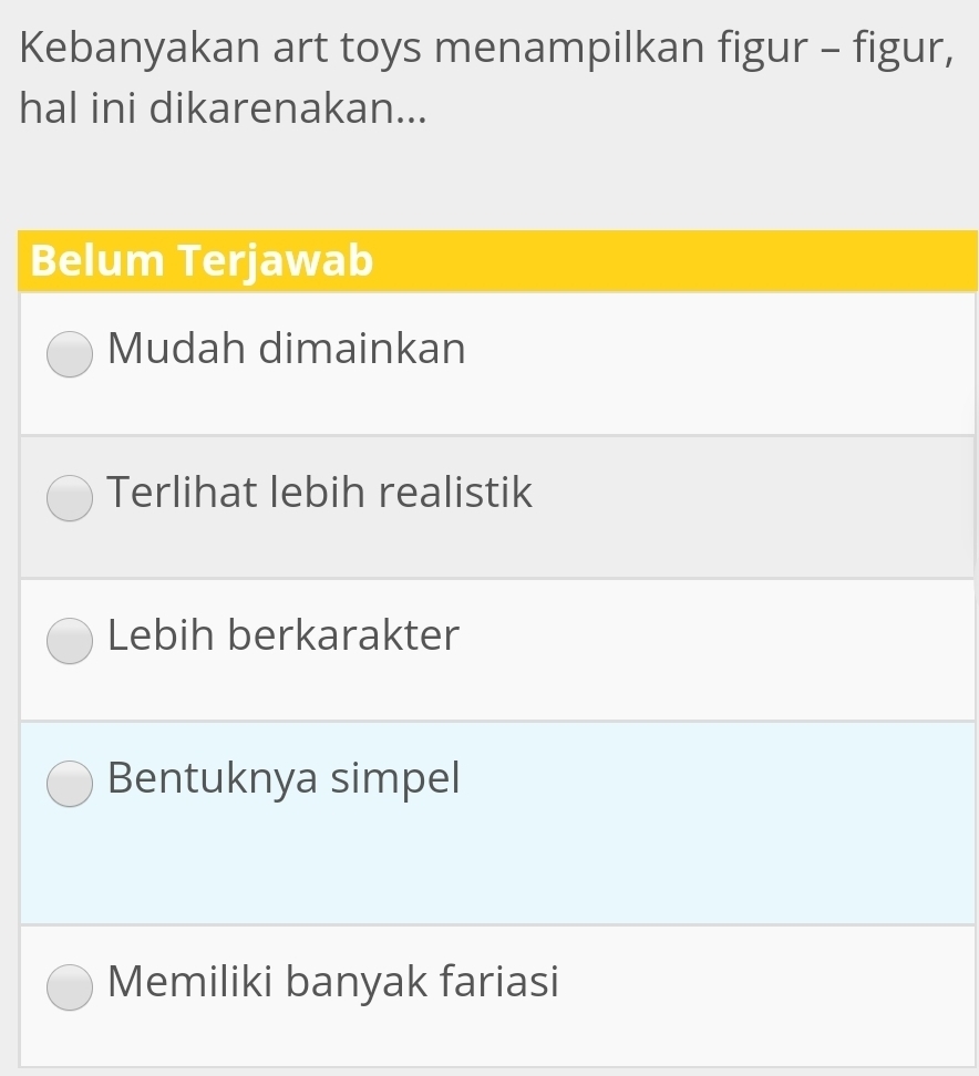 Kebanyakan art toys menampilkan figur - figur,
hal ini dikarenakan...
Belum Terjawab
Mudah dimainkan
Terlihat lebih realistik
Lebih berkarakter
Bentuknya simpel
Memiliki banyak fariasi