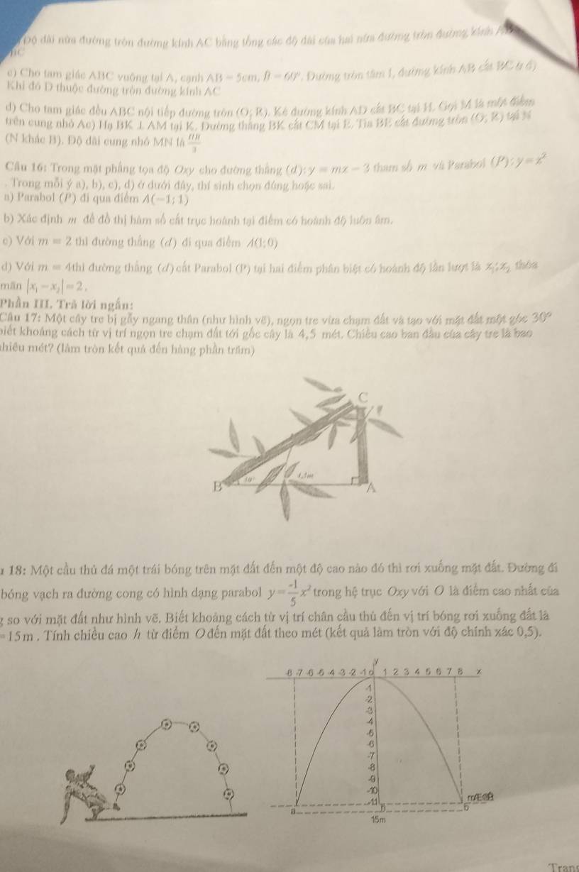 Độ đài nửa đường tròn đường kính AC bằng tổng các độ đài của hai nữa đường tròn đường kính A
c) Cho tam giác ABC vuông tại A, cạnh AB=5cm,B=60° 1 Dường tròn tâm 1, đường kính AB cất BC t đ)
Khi đó D thuộc đường tròn đường kính AC
d) Cho tam giác đều ABC nội tiếp đường tròn (0;R) 1 Kê đường kính AD cất BC tại H. Gọi M là một điểm
trên cung nhỏ Ac) Hạ BK L AM tại K. Dương tháng BK cắt CM tại E. Tia BE cát đường tròn (0;% ) tú 3ự
(N khác B). Độ dài cung nhỏ MN là  HR/3 
Cầu 16: Trong mặt phẳng tọa độ Oxy cho đường thắng (d):y=mx-3 tham số m vù Parabol (P):y=x^2. Trong mỗi y(a),b),c),d) () ở dưới đây, thí sinh chọn đóng hoặc sai.
a) Parabol (P) đi qua điểm A(-1;1)
b) Xác định m đề đồ thị hàm số cất trục hoành tại điểm có hoành độ luôn âm.
c) Với m=2 thì đường thắng (d) đi qua điễm A(1;0)
d) Với m=4thl đường thắng (d) cất Parabol (1^x) tại hai điểm phân biệt có hoành độ lần lượt là x_1:x_2 thóa
mān |x_1-x_2|=2,
Phần III. Trả lời ngắn:
Cậu 17: Một cây tre bị gẫy ngang thân (như hình vẽ), ngọn tre vừa chạm đất và tạo với mặt đất một gọc 30°
biết khoảng cách từ vị trí ngọn tre chạm đất tới gốc cây là 4,5 mét. Chiều cao ban đầu của cây trẻ là bao
nhiêu mét? (làm tròn kết quả đến hàng phần trấm)
C
B
A
u 18: Một cầu thủ đá một trái bóng trên mặt đất đến một độ cao nào đó thì rơi xuống mặt đất. Đường đi
bóng vạch ra đường cong có hình dạng parabol y= (-1)/5 x^2 trong hệ trục Oxy với O là điểm cao nhất của
g so với mặt đất như hình vẽ. Biết khoảng cách từ vị trí chân cầu thủ đến vị trí bóng rơi xuống đất là
=15m , Tính chiều cao h từ điểm O đến mặt đất theo mét (kết quả làm tròn với độ chính xác 0,5).
。
Tran