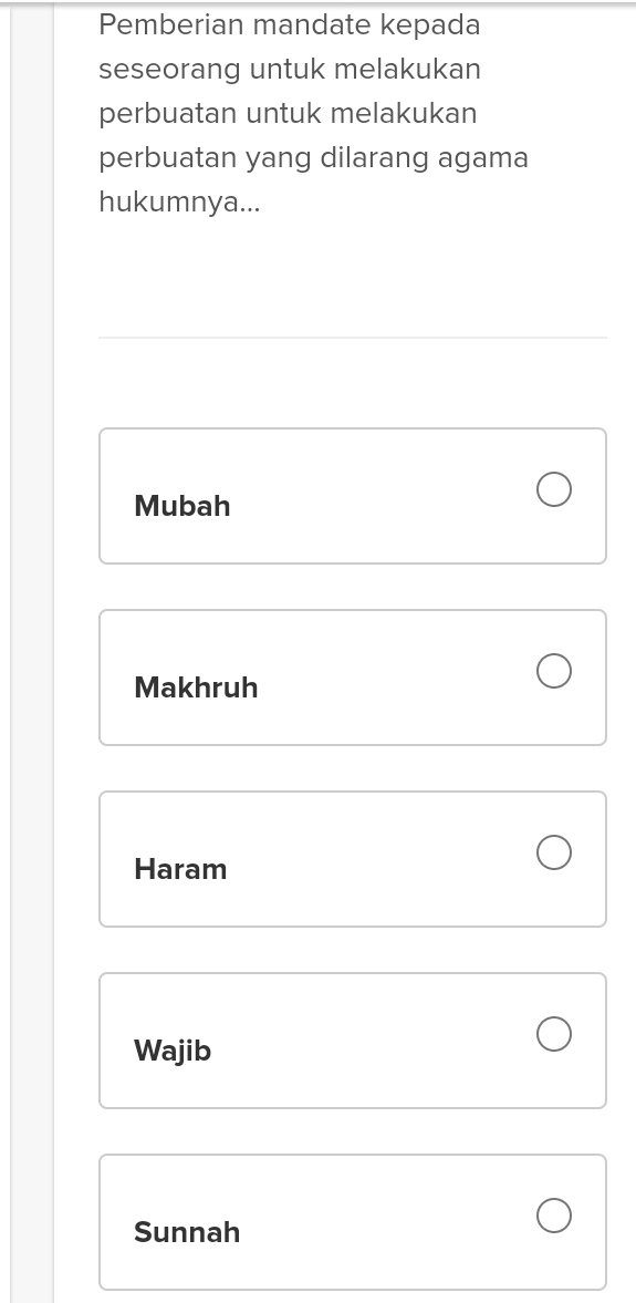 Pemberian mandate kepada
seseorang untuk melakukan
perbuatan untuk melakukan
perbuatan yang dilarang agama
hukumnya...
Mubah
Makhruh
Haram
Wajib
Sunnah