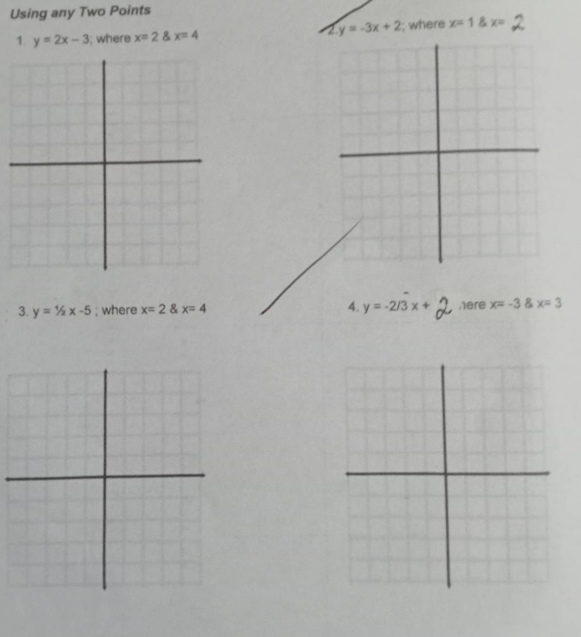 Using any Two Points 
2 y=-3x+2
1. y=2x-3; where x=2x=4; where x=1 & x=
3. y=1/2x-5; where x=2 & x=4 4. y=-2/3x+ here x=-3 & x=3