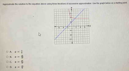 Approximate the solution to the equation above using three iterations of successive approximation. Use the graph below as a starting point
A. z= 7/4 
B. z= 21/18 
C. z= 27/16 
D. z= 13/5 