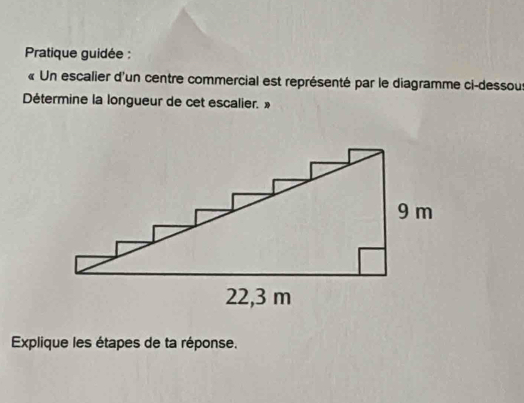 Pratique guidée : 
« Un escalier d'un centre commercial est représenté par le diagramme ci-dessous 
Détermine la longueur de cet escalier. » 
Explique les étapes de ta réponse.