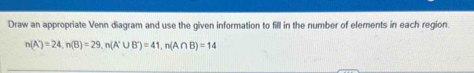 Draw an appropriate Venn diagram and use the given information to fill in the number of elements in each region.
n(A')=24, n(B)=29, n(A'∪ B')=41, n(A∩ B)=14