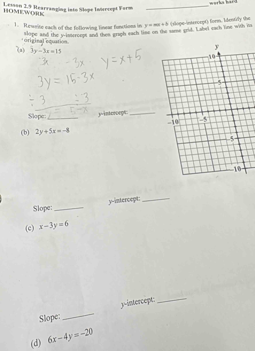 works hard 
Lesson 2.9 Rearranging into Slope Intercept Form_ 
HOMEWORK 
1. Rewrite each of the following linear functions in y=mx+b (slope-intercept) form. Identify the 
slope and the y-intercept and then graph each line on the same grid. Label each line with its 
original equation. 
(a) 3y-3x=15
Slope:_ 
y-intercept:_ 
(b) 2y+5x=-8
Slope: _y-intercept:_ 
(c) x-3y=6
y-intercept: 
_ 
Slope: 
_ 
(d) 6x-4y=-20