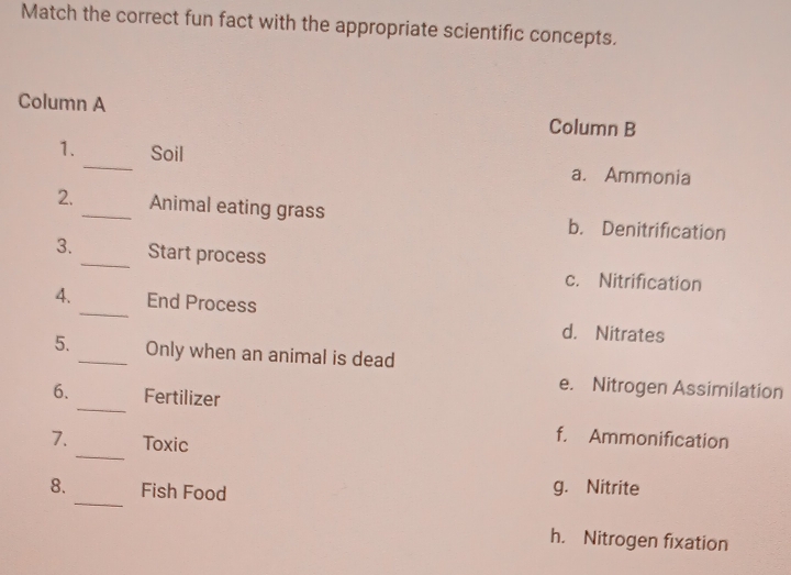 Match the correct fun fact with the appropriate scientific concepts.
Column A Column B
1._ Soil a. Ammonia
2. _Animal eating grass b. Denitrification
3._ Start process
c. Nitrification
4._ End Process
d. Nitrates
5._ Only when an animal is dead
_
e. Nitrogen Assimilation
6. Fertilizer
_
7. Toxic
f. Ammonification
_
8. Fish Food
g. Nitrite
h. Nitrogen fixation