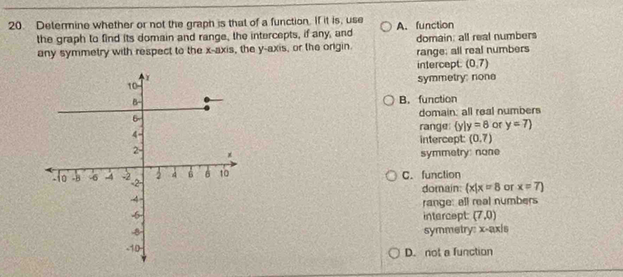 Determine whether or not the graph is that of a function. If it is, use A. function
the graph to find its domain and range, the intercepts, if any, and domain, all real numbers
any symmetry with respect to the x-axis, the y-axis, or the origin. range; all real numbers
intercept (0,7)
symmetry: none
B. function
domain: all real numbers
range  y|y=8 or y=7)
intercept: (0,7)
symmetry: none
C. function
domain  x|x=8 or x=7)
range: all real numbers
intercept (7,0)
symmetry: x-axis
D. not a function