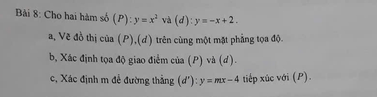 Cho hai hàm số (P): y=x^2 và (d): y=-x+2. 
a, Vẽ đồ thị của (P),(d) trên cùng một mặt phẳng tọa độ.
b, Xác định tọa độ giao điểm của (P) và (d).
c, Xác định m để đường thẳng (d '): y=mx-4 tiếp xúc với (P).