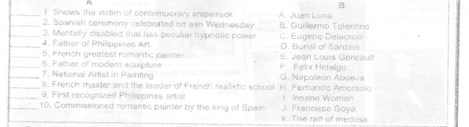 A
B.
_1 Shows the victim of contemporary shipwrack A. Juan Luna
_2. Spanish ceremony celebrated on ash Wednesday B. Guillermo Tolentino
_3. Mentally disabled that has peculiar hypnotic power C. Eugene Delacroix
_4. Father of Philippines Art. D. Burial of Sardine
_5. French greatest romantic painter E. Jean Louis Gericault
_6. Father of modem sculpture F. Felix Hidalgo
_7. National Artist in Painting G. Napoleon Abueva
_8. French master and the leader of French realistic school H. Femando Amorsolo
_9. First recognized Philippines artist l Insane Woman
_10. Commissioned romantic painter by the king of Spain. Francisce Goya
_
k. The raft of medusa