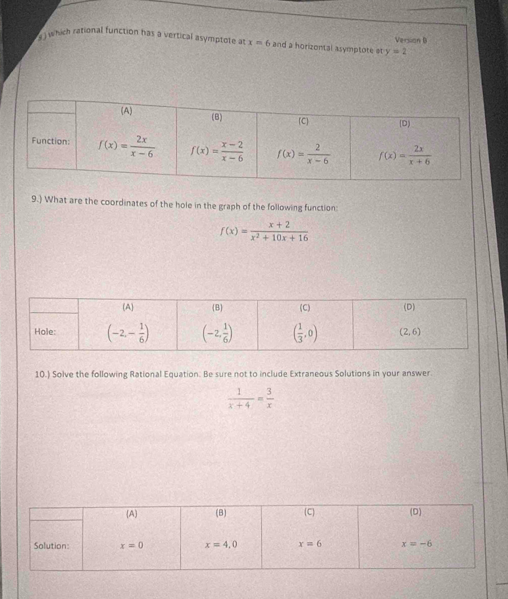 ) which rational function has a vertical asymptote at x=6 and a horizontal asymptote at y=2 Versian B
9.) What are the coordinates of the hole in the graph of the following function:
f(x)= (x+2)/x^2+10x+16 
10.) Solve the following Rational Equation. Be sure not to include Extraneous Solutions in your answer
 1/x+4 = 3/x 