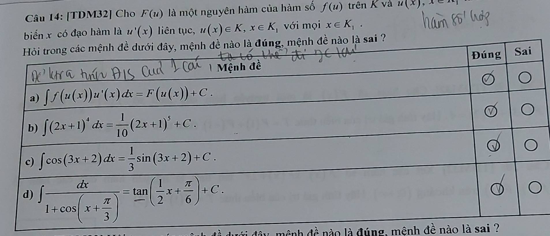 [TDM32] Cho F(u) là một nguyên hàm của hàm số f(u) trên K và u(x) ,x∈
biến x có đạo hàm là u'(x) liên tục, u(x)∈ K,x∈ K_1 với mọi x∈ K_1·
sai ?
*  đây mênh đề nào là đúng, mênh đề nào là sai ?