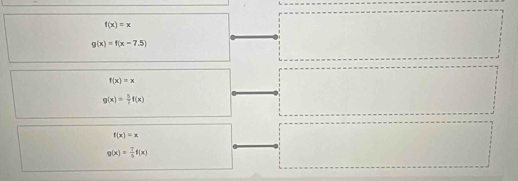 f(x)=x
g(x)=f(x-7.5)
f(x)=x
g(x)= 5/7 f(x)
f(x)=x
g(x)= 7/5 f(x)