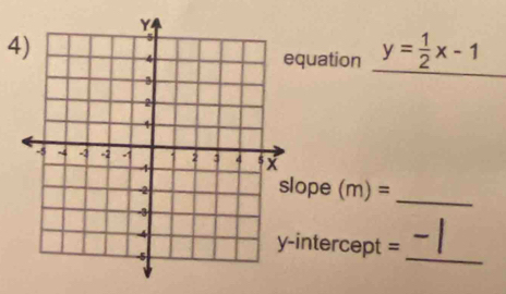 quation y= 1/2 x-1
ope (m)= _ 
intercept = 
_