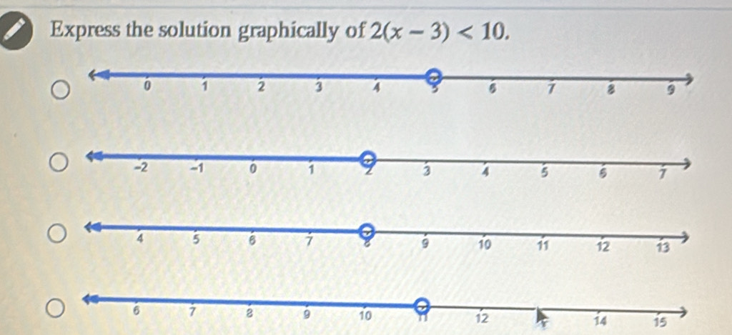 Express the solution graphically of 2(x-3)<10</tex>.