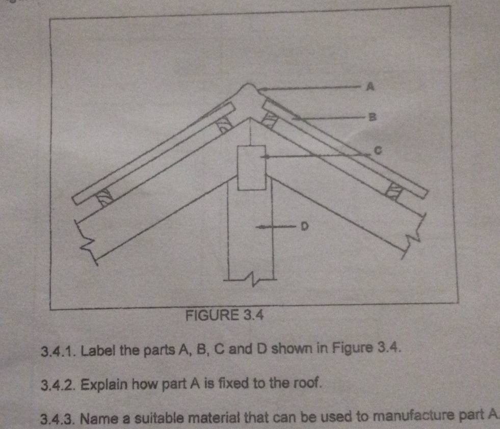 FIGURE 3.4 
3.4.1. Label the parts A, B, C and D shown in Figure 3.4. 
3.4.2. Explain how part A is fixed to the roof. 
3.4.3. Name a suitable material that can be used to manufacture part A