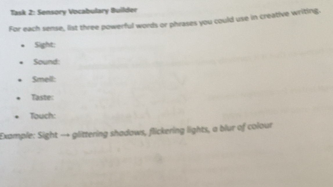 Solved: Task 2: Sensory Vocabulary Builder For each sense, list three ...